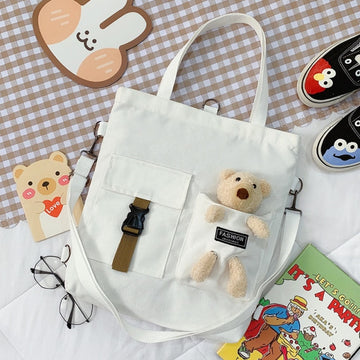 Women New Cute Bear Cartoon Canvas Bag Female Fashion Cool Girl Student School Shoulder Crossbody Messenger Bag Satchels